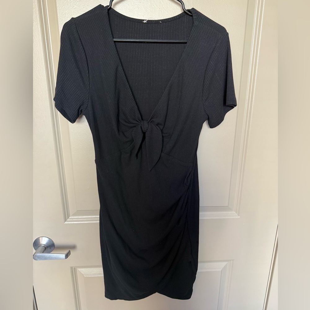 Black Short Sleeve Dress with Front Tie